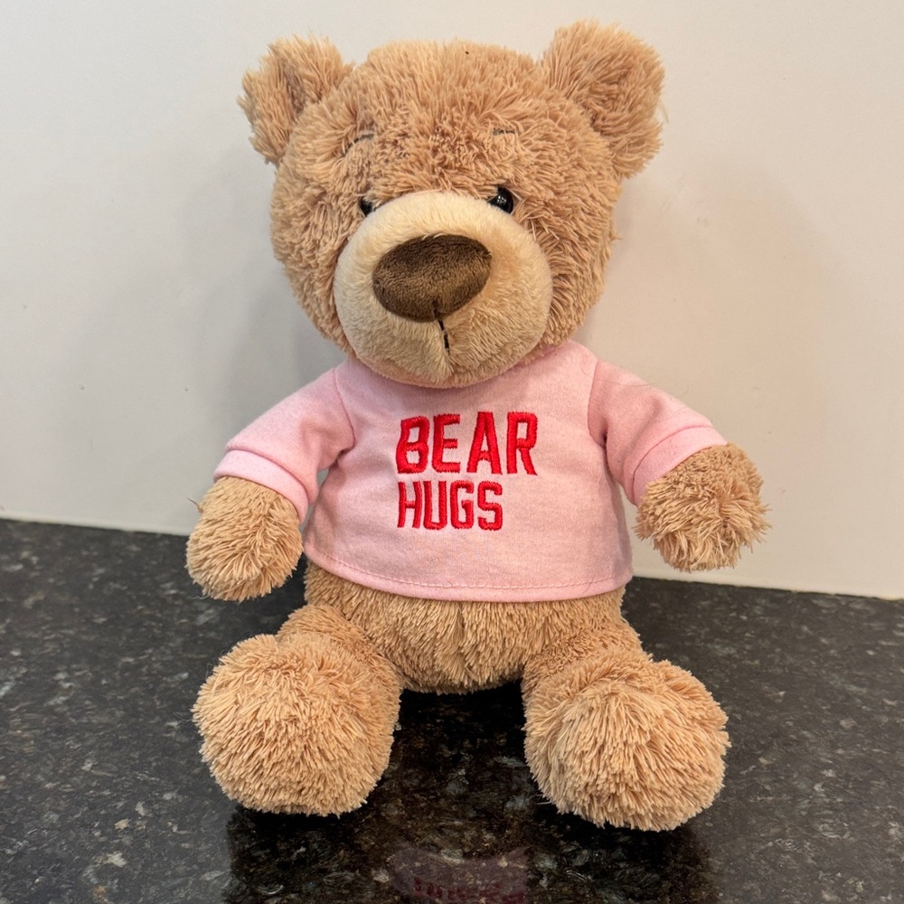 Gund Tan Teddy Bear with Pink 'Bear Hugs' Shirt. Size 12”. 4061380.